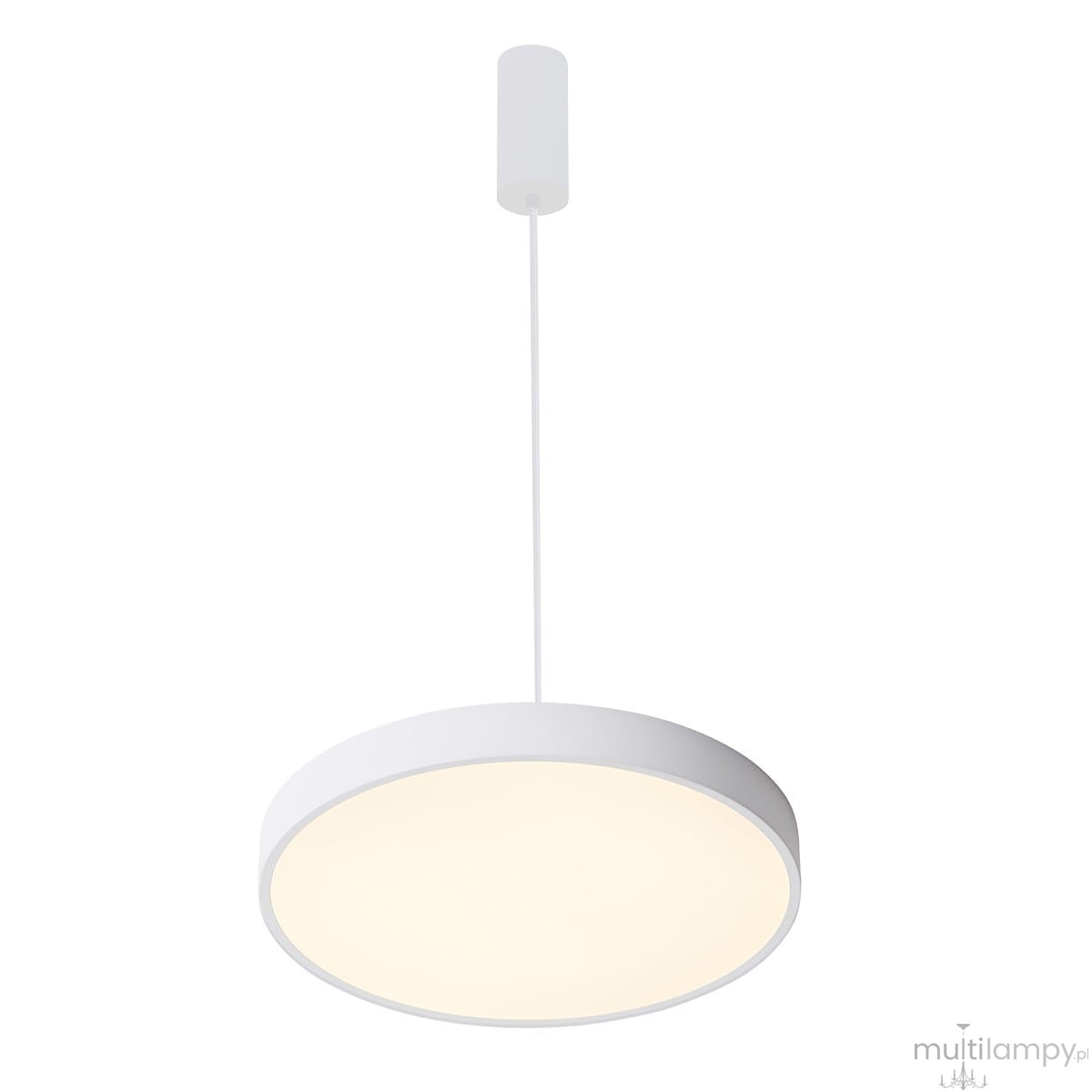 Biała lampa wisząca Orbital D40 LED 3000K, okrągła, z płaskim kloszem. Zawieszona na cienkim, białym przewodzie z mocowaniem sufitowym. Emituje ciepłe, białe światło. Idealna do nowoczesnych wnętrz.