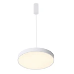 Biała lampa wisząca Orbital D40 LED 3000K, okrągła, z płaskim kloszem. Zawieszona na cienkim, białym przewodzie z mocowaniem sufitowym. Emituje ciepłe, białe światło. Idealna do nowoczesnych wnętrz.