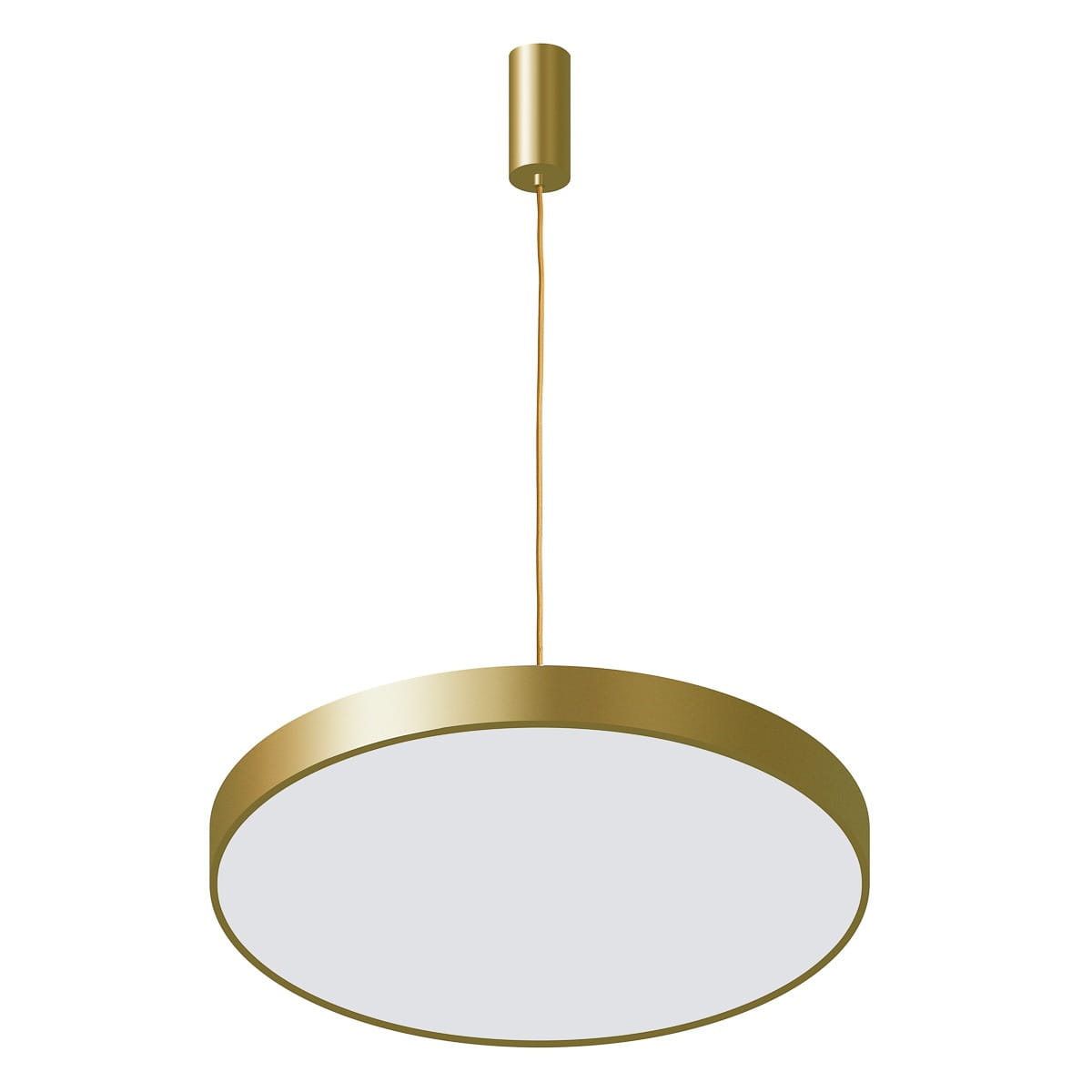 Lampa wisząca Orbital D60 LED 3000K w kolorze złotym, o okrągłym kształcie. Zawieszona na cienkim przewodzie, z metalowym uchwytem. Biała, matowa powierzchnia klosza. Styl minimalistyczny, idealna do nowoczesnych wnętrz.
