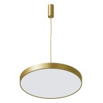 Lampa wisząca Orbital D60 LED 3000K w kolorze złotym, o okrągłym kształcie. Zawieszona na cienkim przewodzie, z metalowym uchwytem. Biała, matowa powierzchnia klosza. Styl minimalistyczny, idealna do nowoczesnych wnętrz.
