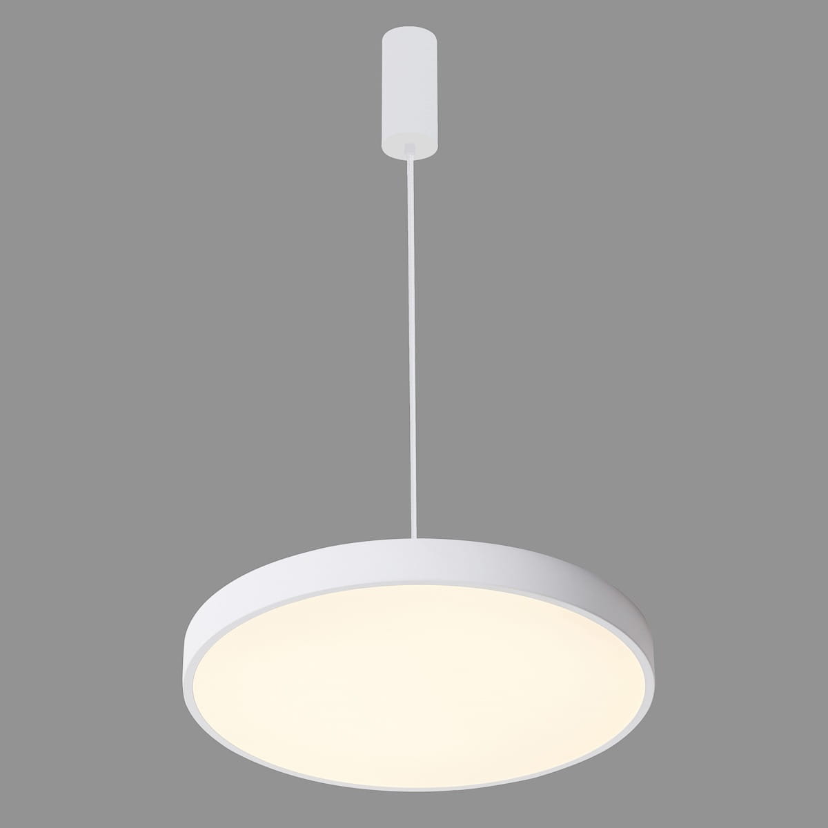 Lampa wisząca Orbital D60 LED 3000K w kolorze białym, okrągła, z matowym kloszem, zawieszona na cienkim kablu. Widok z boku, ukazujący minimalistyczny design i strukturę lampy. Tło w odcieniu szarości.