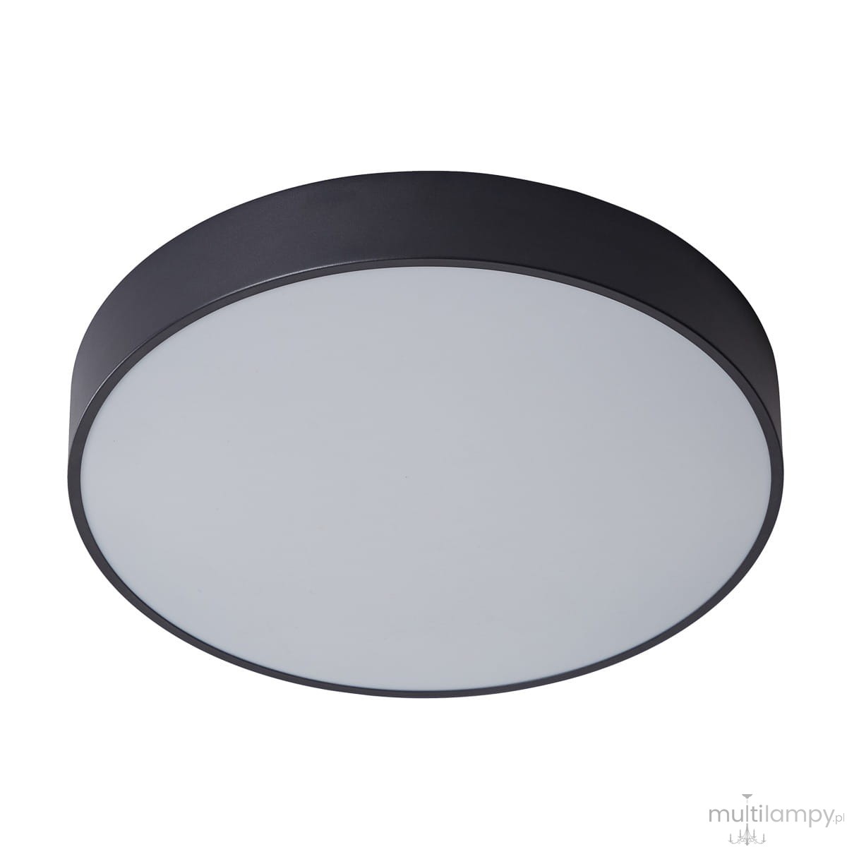 Czarny plafon Orbital D40 LED 3000K, okrągły, 1-punktowy. Posiada matową, białą osłonę dyfuzora oraz minimalistyczny design. Ujęcie z boku, pokazujące gładką powierzchnię i krawędź lampy. Idealny do nowoczesnych wnętrz.