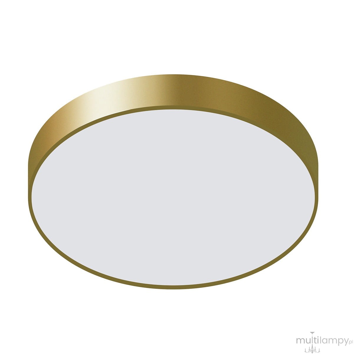 Plafon Orbital D40 LED 3000K, jednostrefowy, złoty. Okrągła, gładka obudowa z metalicznym wykończeniem, biała, matowa powierzchnia lampy. Stojąca pozycja, na białym tle, idealna do nowoczesnych wnętrz.