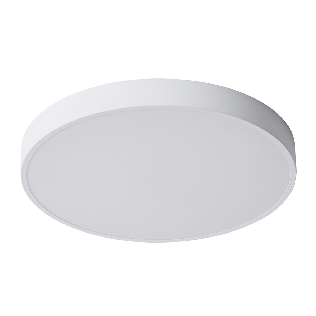 Plafon LED Orbital D60 w kolorze białym, okrągły, z jednopunktowym mocowaniem. Gładka, matowa powierzchnia, minimalistyczny design. Oświetlenie o temperaturze barwowej 3000K, z widoczną cienką ramką. Ujęcie z boku, zawieszony na suficie.