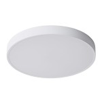 Plafon LED Orbital D60 w kolorze białym, okrągły, z jednopunktowym mocowaniem. Gładka, matowa powierzchnia, minimalistyczny design. Oświetlenie o temperaturze barwowej 3000K, z widoczną cienką ramką. Ujęcie z boku, zawieszony na suficie.
