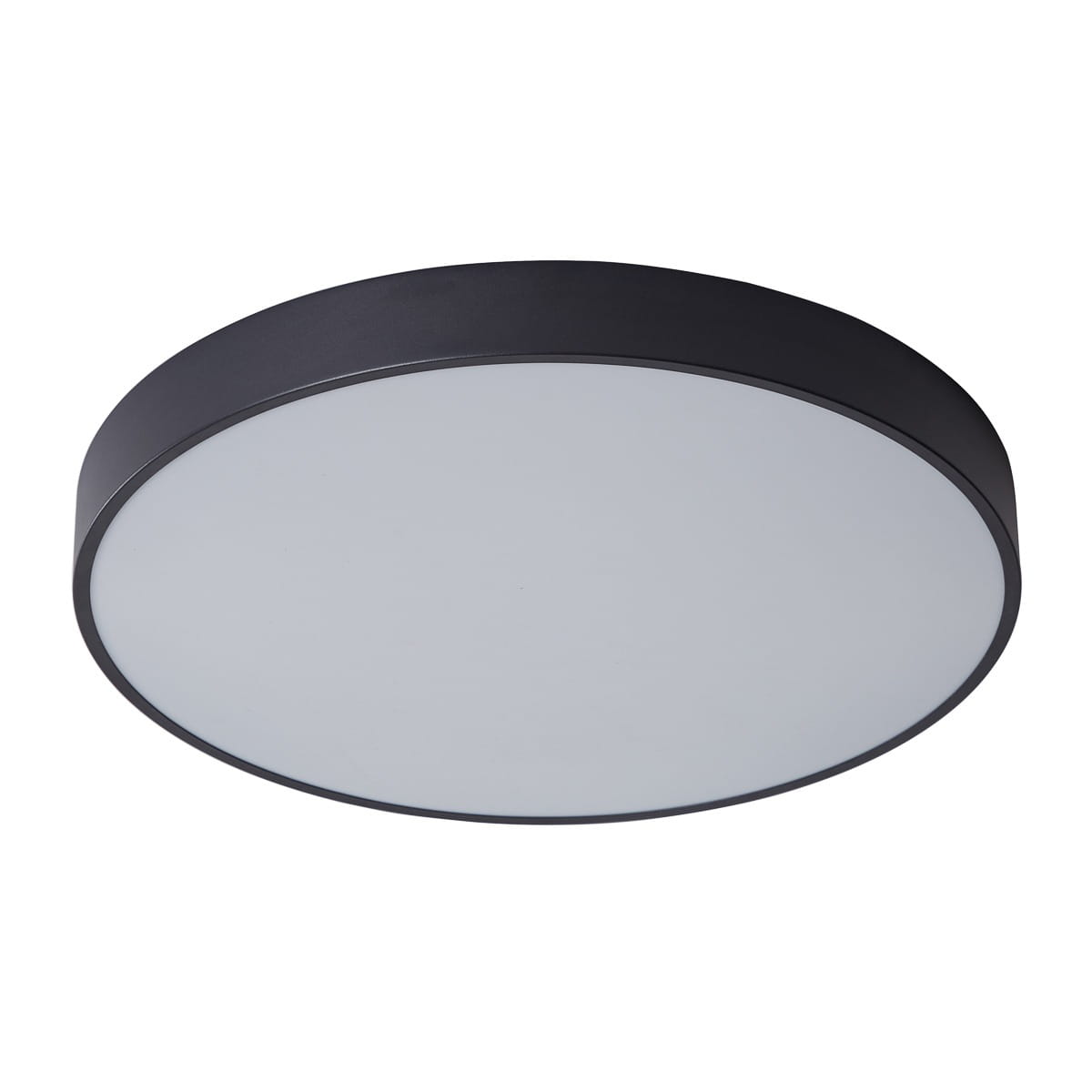 Plafon Orbital D60 LED w kolorze czarnym, okrągły, z białą oprawą, montowany na suficie. Zastosowanie: 1-punktowe oświetlenie, emitujące światło o temperaturze barwowej 3000K. Produkt widoczny z boku, w prostej formie.