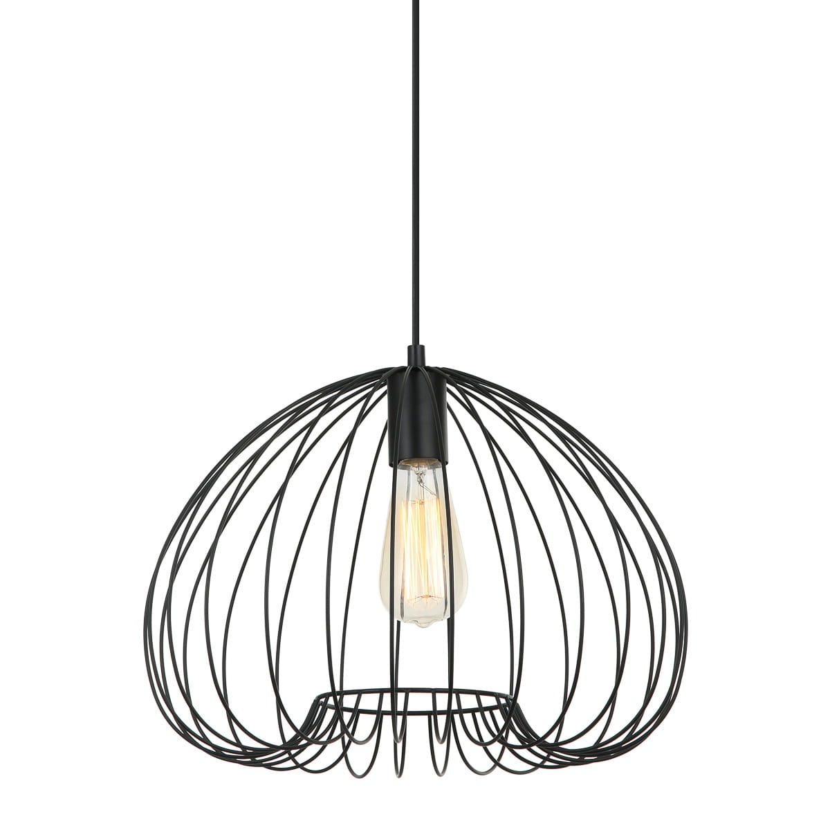Czarna lampa wisząca Meddi MDM-4583-1 z metalowej siatki, w kształcie półkuli. Zawiera odsłoniętą żarówkę w centralnej części. Ujęcie z dołu, prezentujące detal konstrukcji oraz kształt klosza. Białe tło podkreśla minimalistyczny design.