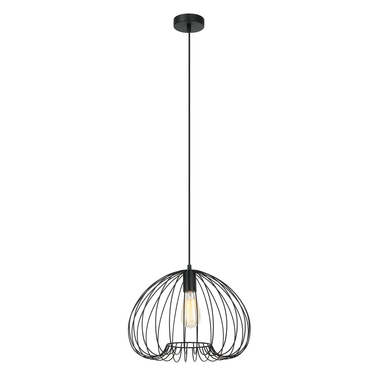 Lampa wisząca Meddi 1-punktowa MDM-4583-1 w kolorze czarnym. Posiada metalowy klosz o kształcie półkuli z siatkowymi detalami, zawieszona na długim, czarnym kablu. Widoczna żarówka w środku, montowana do sufitu.