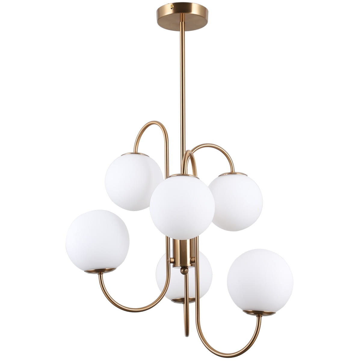 Lampa sufitowa Gela 6-punktowa w kolorze mosiądzu, z sześcioma białymi, okrągłymi kloszami z matowego szkła. Konstrukcja z giętych ramion, zawieszona na długim drucie, prezentująca nowoczesny design.