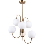 Lampa sufitowa Gela 6-punktowa w kolorze mosiądzu, z sześcioma białymi, okrągłymi kloszami z matowego szkła. Konstrukcja z giętych ramion, zawieszona na długim drucie, prezentująca nowoczesny design.