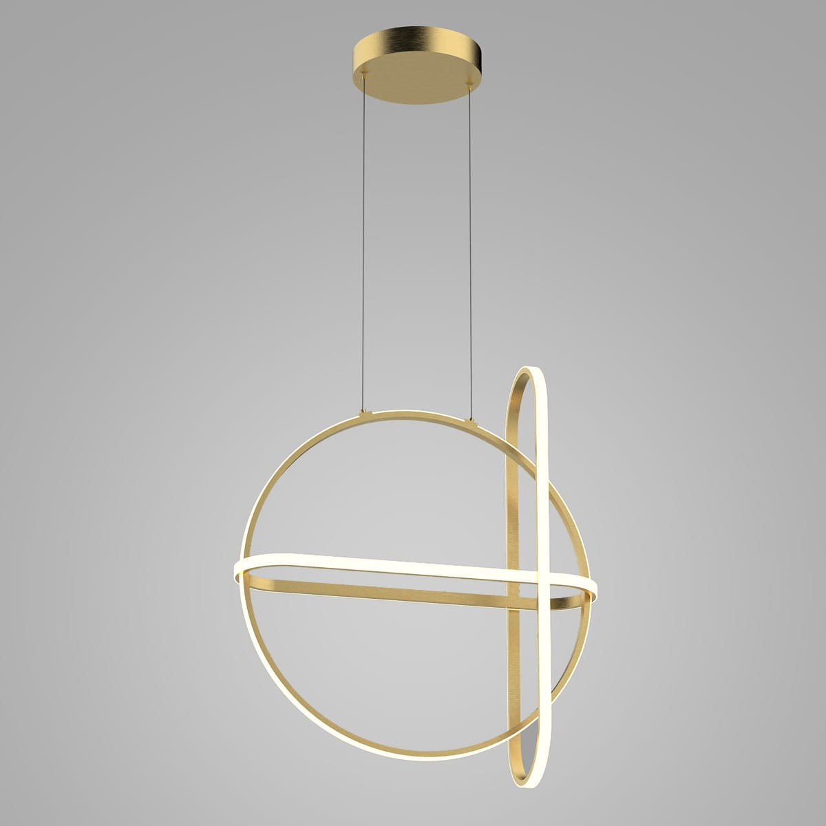 Cerrila LED lampa wisząca 3-punktowa w kolorze złotym, o nowoczesnym designie. Składa się z okrągłego ramienia oraz poziomego elementu, zawieszona na cienkich linkach. Tło szare, minimalistyczne.
