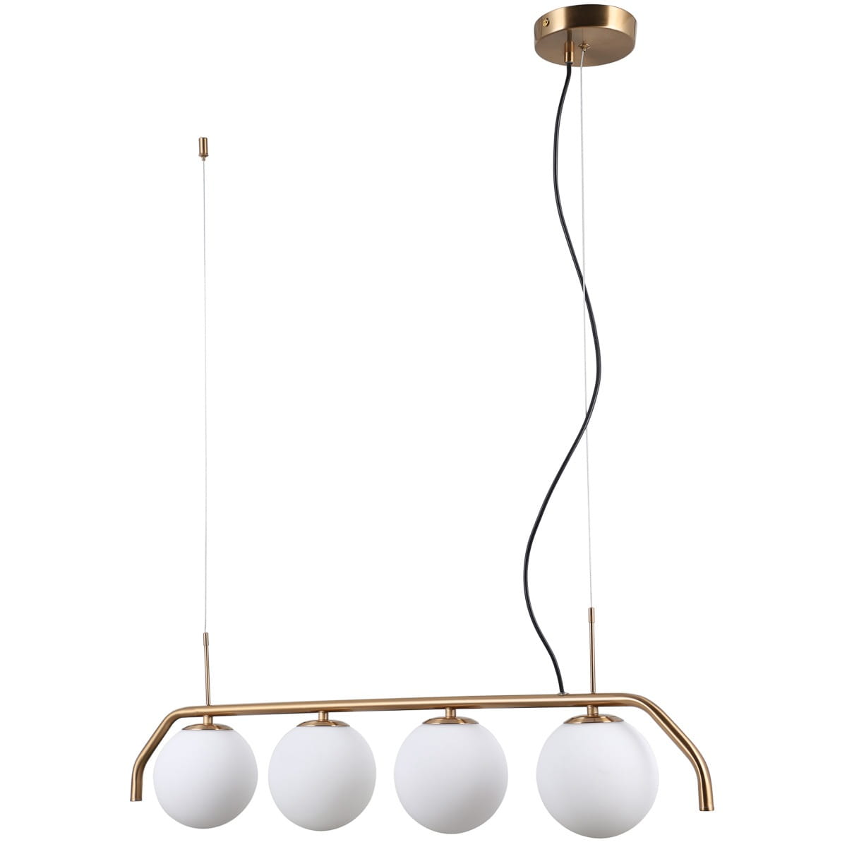 Lampa wisząca Carimi 4-punktowa w mosiężnej oprawie, z czterema białymi, okrągłymi kloszami. Produkt zawieszony na cienkim, czarnym przewodzie, z metalowym mocowaniem sufitowym. Kształt prostokątny, o eleganckim wykończeniu.