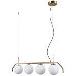 Lampa wisząca Carimi 4-punktowa w mosiężnej oprawie, z czterema białymi, okrągłymi kloszami. Produkt zawieszony na cienkim, czarnym przewodzie, z metalowym mocowaniem sufitowym. Kształt prostokątny, o eleganckim wykończeniu.