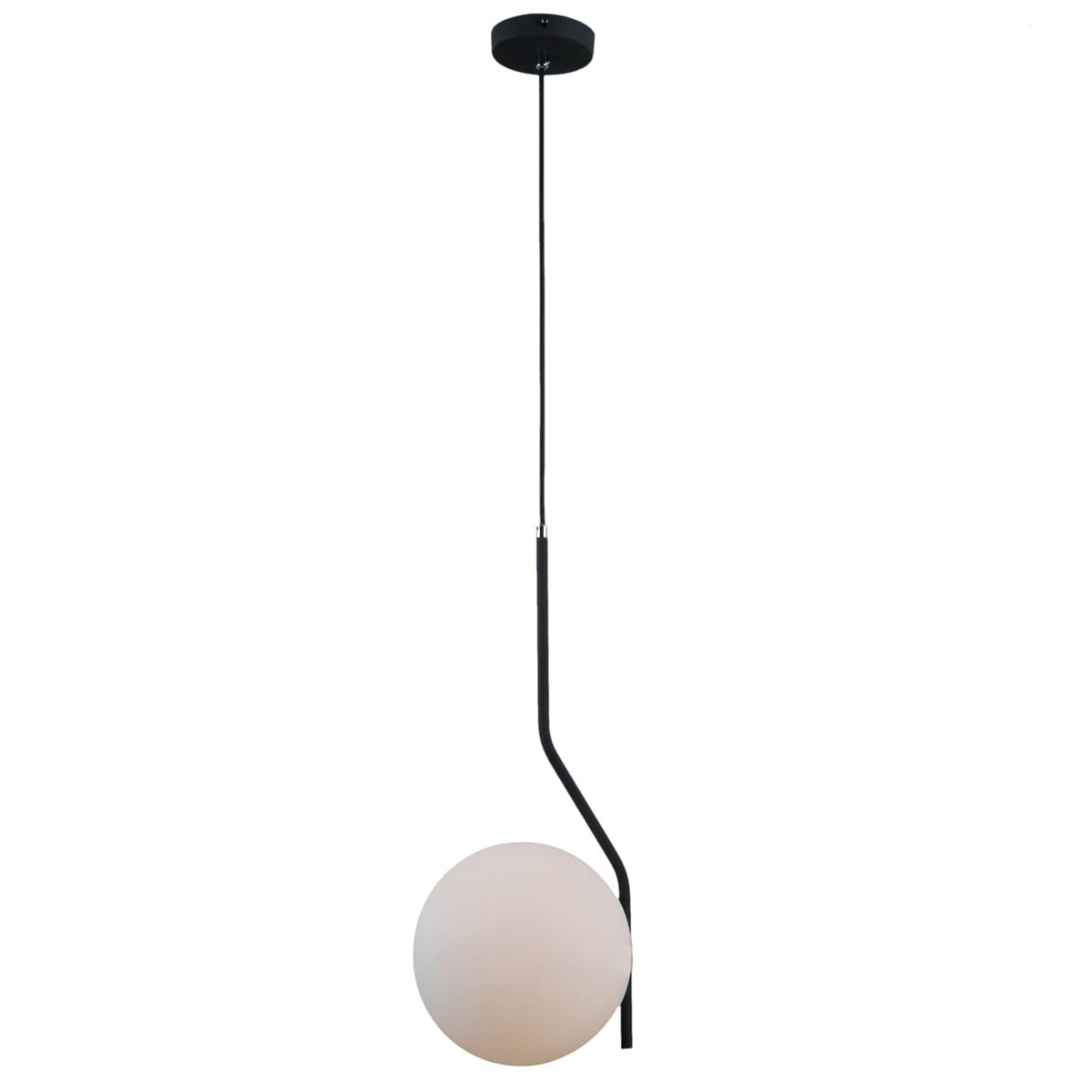 Czarna lampa wisząca Carimi 1-punktowa PND-3300-1-BK z okrągłym, matowym kloszem. Produkt zawieszony na smukłym, czarnym przewodzie, z okrągłym mocowaniem sufitowym. Długa, zaokrąglona forma podkreśla nowoczesny styl.
