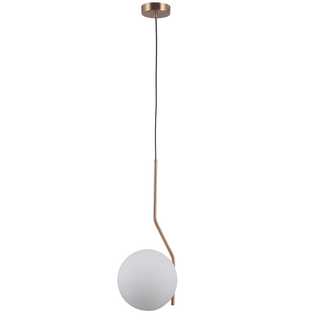 Lampa wisząca Carimi 1-punktowa, mosiężna. Posiada prosty, zakrzywiony stalowy uchwyt w kolorze mosiądzu oraz okrągłą, matową szklaną kulę. Zawieszona na cienkim czarnym przewodzie, prezentuje minimalistyczny styl.
