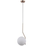 Lampa wisząca Carimi 1-punktowa, mosiężna. Posiada prosty, zakrzywiony stalowy uchwyt w kolorze mosiądzu oraz okrągłą, matową szklaną kulę. Zawieszona na cienkim czarnym przewodzie, prezentuje minimalistyczny styl.