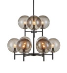 Lampa wisząca Crown 9-punktowa w kolorze czarnym z przydymionymi kloszami. Ośmiokątna konstrukcja z metalowym stelażem, widoczne żarówki w szklanych kulach, zawieszona na cienkim przewodzie. Idealna do nowoczesnych wnętrz.