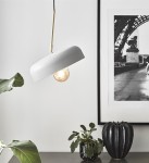Lampa wisząca Caen 1-punktowa w kolorze szarym z elementami złota szczotkowanego. Okrągły klosz z metalowym wykończeniem, zawieszony na czarnym przewodzie. W tle rośliny doniczkowe oraz czarna dekoracja.