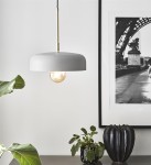 Lampa wisząca Caen 1-punktowa w kolorze szarym z elementami złota szczotkowanego, zawieszona na czarnym przewodzie. Okrągła osłona z metalu, pod którą znajduje się żarówka. W tle rośliny doniczkowe i czarna dekoracyjna donica.