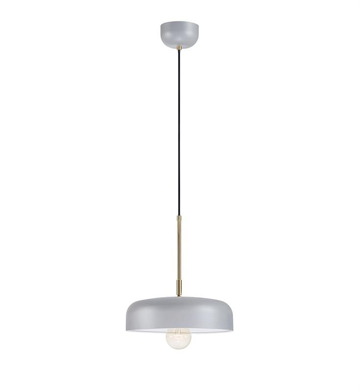 Lampa wisząca Caen 1-punktowa w kolorze szarym i złocie szczotkowanym, z okrągłym kloszem i widoczną żarówką. Utrzymana na czarnym przewodzie, zawieszona na suficie. Prosty, nowoczesny design, idealna do wnętrz.