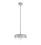 Lampa wisząca Caen 1-punktowa w kolorze szarym i złocie szczotkowanym, z okrągłym kloszem i widoczną żarówką. Utrzymana na czarnym przewodzie, zawieszona na suficie. Prosty, nowoczesny design, idealna do wnętrz.