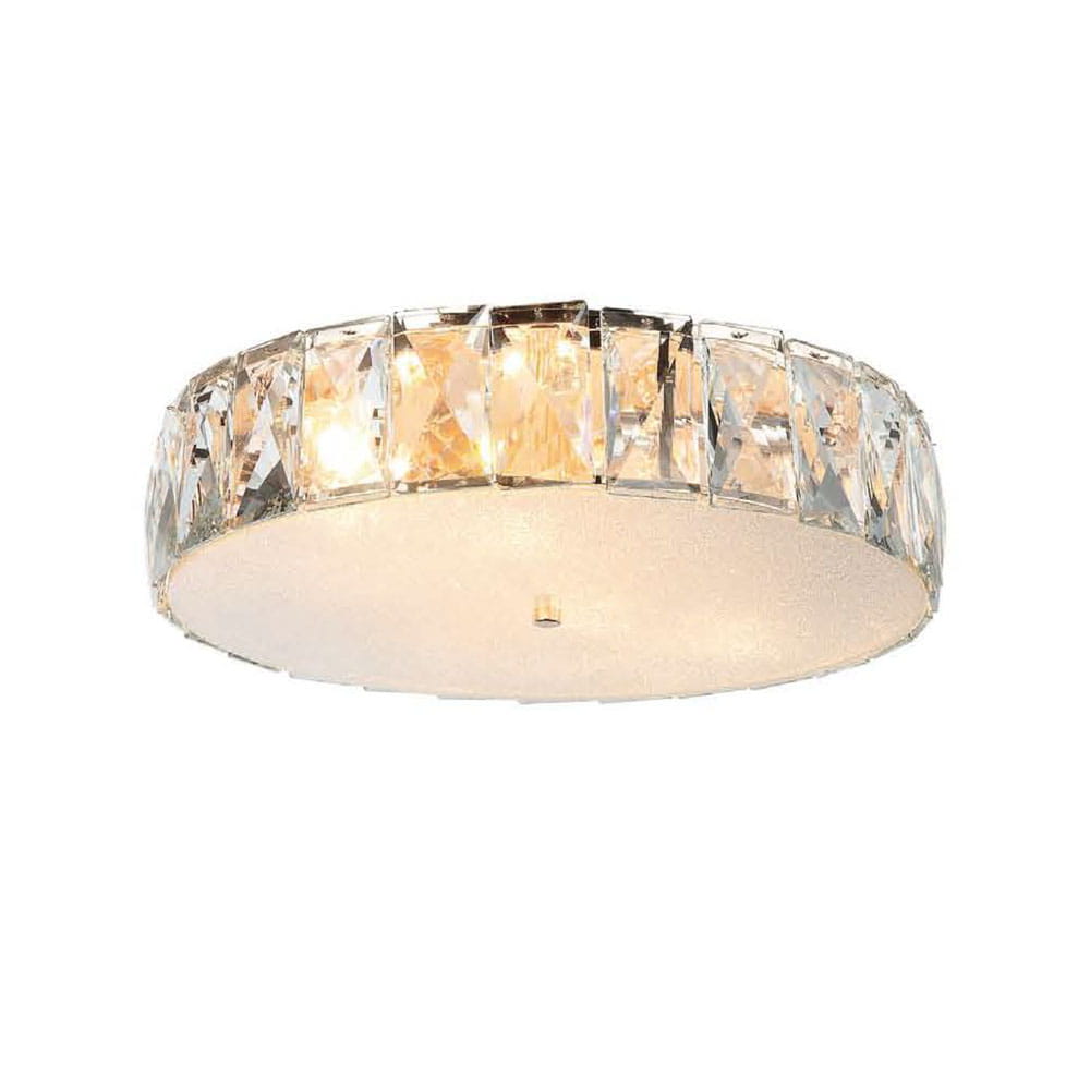 Złota lampa sufitowa Intero Gold PL, sześciopunktowa, z okrągłym kloszem pokrytym kryształowymi dekoracjami. Wysoka jakość materiałów, elegancki design, zamontowana na suficie, z delikatnym, matowym wykończeniem w centralnej części.