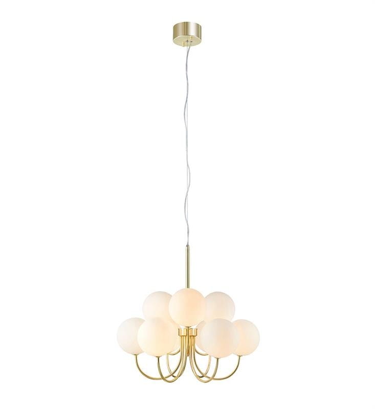 Lampa wisząca Bianco 9-punktowa w kolorze złotym i białym. Ma okrągłe, matowe klosze i metalową oprawę. Zawieszona na długim, przezroczystym przewodzie. Kształt klasyczny, z dziewięcioma źródłami światła rozmieszczonymi w harmonijny sposób.