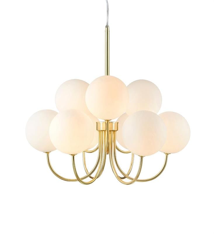 Lampa wisząca Bianco 9-punktowa w kolorze złotym i białym. Posiada dziewięć okrągłych kloszy z matowego szkła, zamocowanych na złotych ramionach. Wisi na cienkim przewodzie, prezentując nowoczesny design.