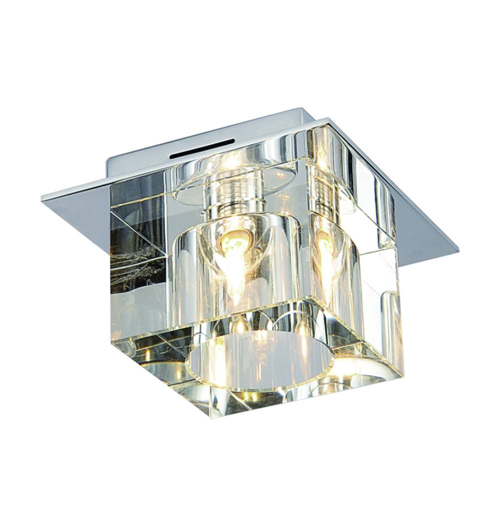 Lampa sufitowa Rocco 1-punktowa o kwadratowej, szklanej obudowie w kolorze transparentnym, z metalowym, lustrzanym wykończeniem. Widoczna żarówka wewnątrz. Ujęcie z boku, ukazujące szczegóły konstrukcji i efekt odbicia światła.