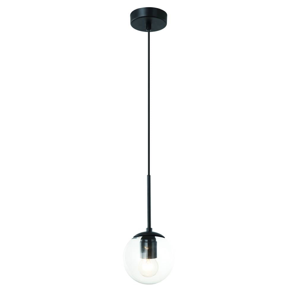 Lampa wisząca Bao Neo Claro 1-punktowa, z czarnym metalowym mocowaniem i przezroczystą szklaną kulą. Ujęcie frontalne, lampa zawieszona na cienkim przewodzie, widoczna żarówka wewnątrz. Tło białe, minimalistyczne.