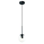Lampa wisząca Bao Neo Claro 1-punktowa, z czarnym metalowym mocowaniem i przezroczystą szklaną kulą. Ujęcie frontalne, lampa zawieszona na cienkim przewodzie, widoczna żarówka wewnątrz. Tło białe, minimalistyczne.