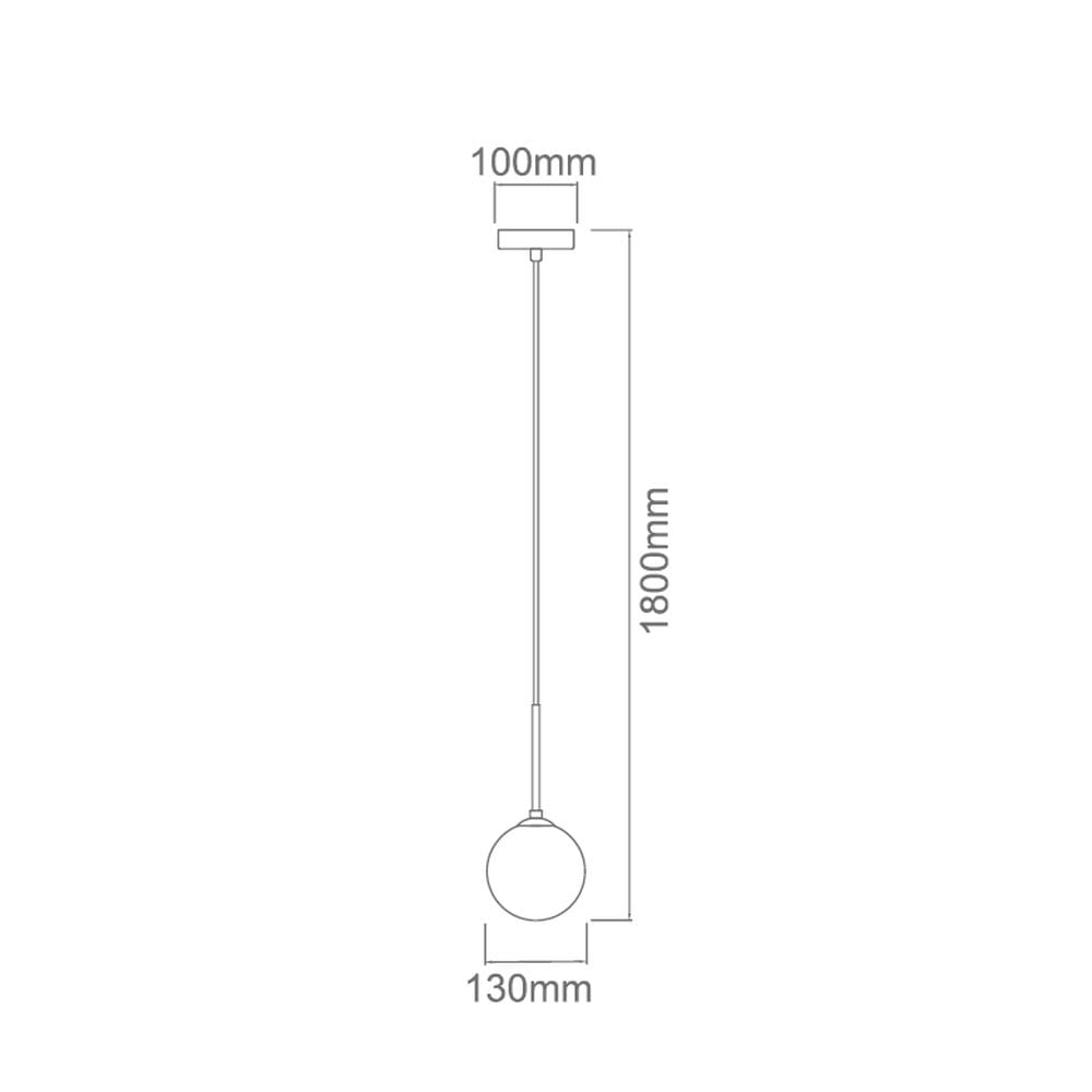 Lampa wisząca Bao Neo Claro, jednolita kula o średnicy 130 mm, zawieszona na smukłym przewodzie o długości 1800 mm. U góry prostokątna podsufitka o wymiarach 100 mm. Prosty, minimalistyczny design, idealna do nowoczesnych wnętrz.
