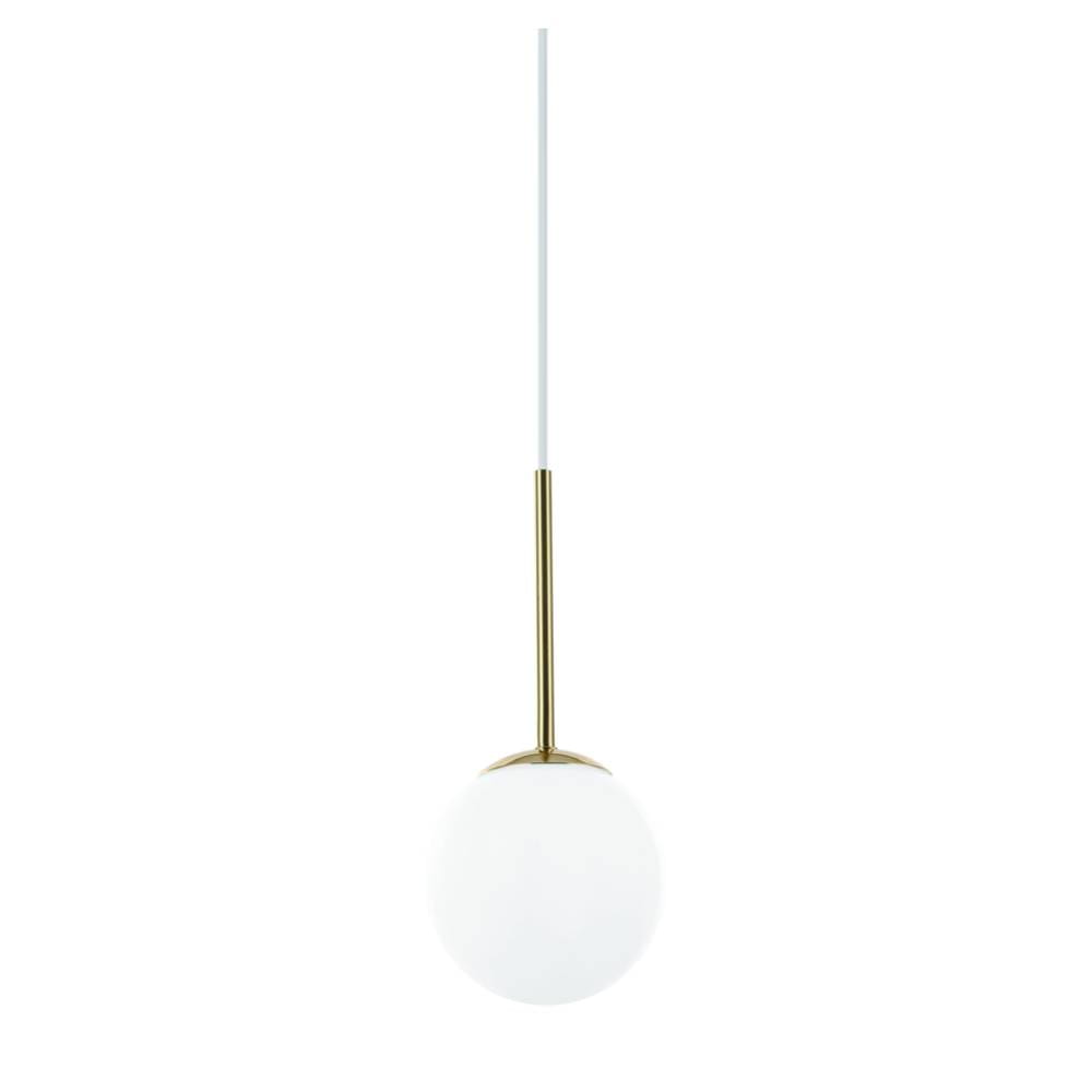 Lampa wisząca Bao I Gold z białym, okrągłym kloszem i złotym, metalowym uchwytem. Zawieszona na białym przewodzie, idealna do wnętrz. Posiada klasę ochrony IP44, co czyni ją odporną na wilgoć.