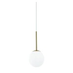 Lampa wisząca Bao I Gold z białym, okrągłym kloszem i złotym, metalowym uchwytem. Zawieszona na białym przewodzie, idealna do wnętrz. Posiada klasę ochrony IP44, co czyni ją odporną na wilgoć.