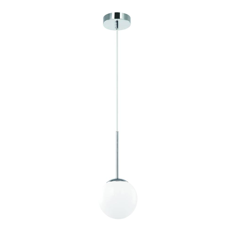 Lampa wisząca Bao I Cromo z jedną kulistą oprawą, biała, z chromowanym mocowaniem. Zawieszona na cienkim, białym przewodzie, idealna do wnętrz. Wytrzymałość IP44 zapewnia odporność na warunki atmosferyczne.