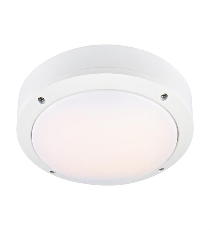 Biały plafon elewacyjny Luna LED, 1-punktowy, o okrągłej formie i matowej powierzchni. Posiada przezroczystą osłonę z tworzywa sztucznego, montowany na suficie. Widoczne są dwa metalowe mocowania. Idealny do oświetlenia zewnętrznego.