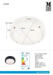 Czarny plafon elewacyjny Luna LED, okrągły o średnicy 22 cm, wysokości 7 cm. Wykonany z metalu i plastiku, z białym kloszem. Wbudowane LED 10W, klasa energetyczna A, IP44, idealny do użytku zewnętrznego. Widok z góry, z detalami wymiarów.