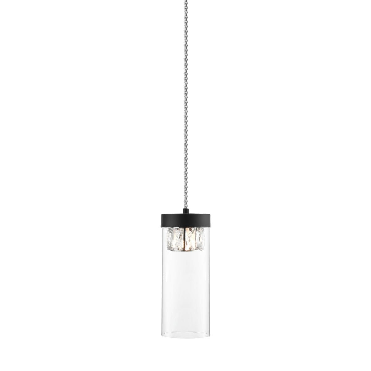 Lampa wisząca Gem w kolorze czarnym, z przezroczystym kloszem w kształcie cylindrycznym. Zawieszona na cienkim przewodzie, z widocznym źródłem światła wewnątrz klosza. Prosta, nowoczesna forma, idealna do wnętrz.