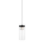 Lampa wisząca Gem w kolorze czarnym, z przezroczystym kloszem w kształcie cylindrycznym. Zawieszona na cienkim przewodzie, z widocznym źródłem światła wewnątrz klosza. Prosta, nowoczesna forma, idealna do wnętrz.