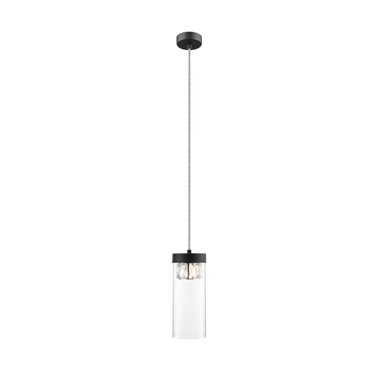 Czarna lampa wisząca Gem P0389-01D-P7AC z przezroczystym kloszem w kształcie walca, zawieszona na cienkim kablu. U góry czarna podsufitka. Wnętrze klosza z widocznymi żarówkami. Prosta, nowoczesna forma, idealna do aranżacji wnętrz.