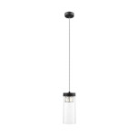 Czarna lampa wisząca Gem P0389-01D-P7AC z przezroczystym kloszem w kształcie walca, zawieszona na cienkim kablu. U góry czarna podsufitka. Wnętrze klosza z widocznymi żarówkami. Prosta, nowoczesna forma, idealna do aranżacji wnętrz.
