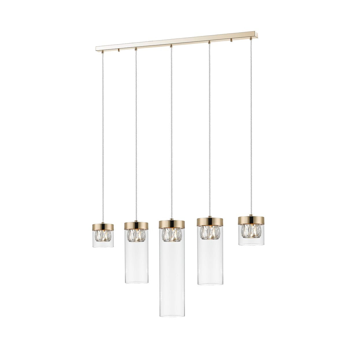 Złota lampa wisząca Gem z pięcioma punktami świetlnymi. Szklane klosze w różnych kształtach zawieszone na cienkich kablach. Prosta, metalowa konstrukcja w kolorze złotym, idealna do nowoczesnych wnętrz.