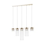 Złota lampa wisząca Gem z pięcioma punktami świetlnymi. Szklane klosze w różnych kształtach zawieszone na cienkich kablach. Prosta, metalowa konstrukcja w kolorze złotym, idealna do nowoczesnych wnętrz.