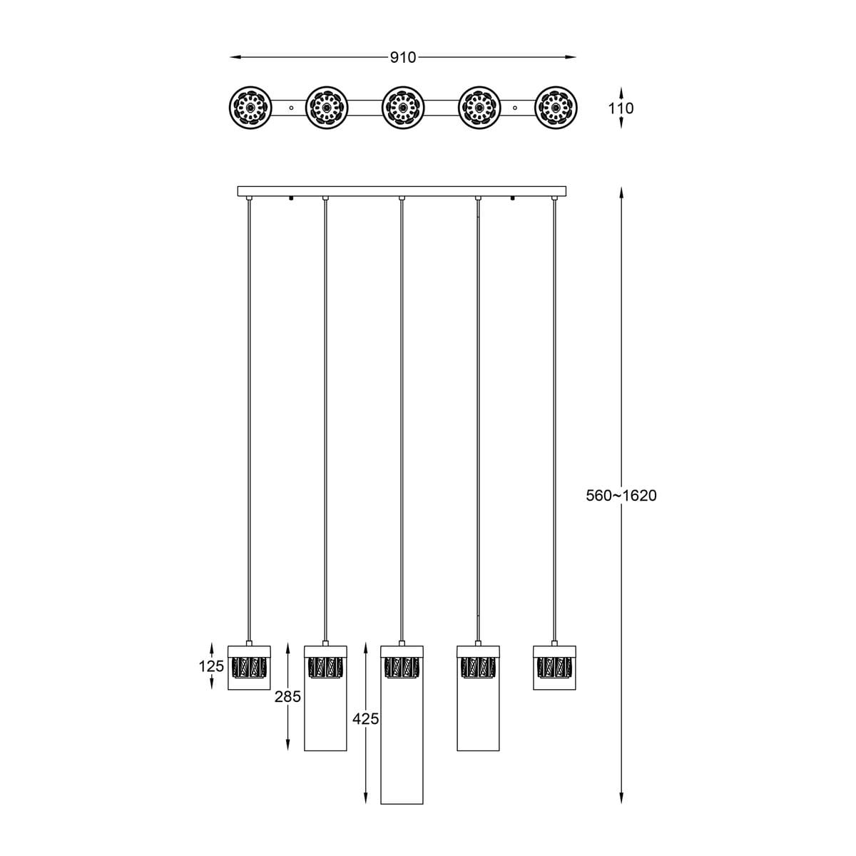 Złota lampa wisząca 5-punktowa Gem P0389-05E-F7AC o prostokątnej konstrukcji z pięcioma kloszami. Wymiary: szerokość 910 mm, wysokość regulowana od 560 do 1620 mm. Klosze o fakturze, zawieszone na cienkich linkach.