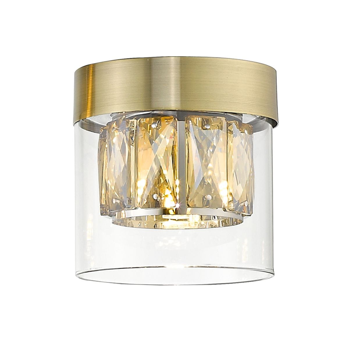 Lampa sufitowa Gem w antycznym brązie, z przezroczystym kloszem, posiada ozdobne kryształy w odcieniach złota. Ujęcie z przodu, stojąca, podkreślająca elegancki design i detal. Idealna do nowoczesnych wnętrz.