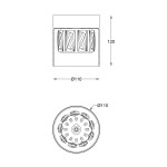 Lampa sufitowa Gem 1-punktowa w kolorze antycznego brązu. Wymiary: średnica 110 mm, wysokość 120 mm. Okrągła podstawa z dekoracyjnymi detalami. Widok z góry i z boku, ukazujący kształt i rozmiar.