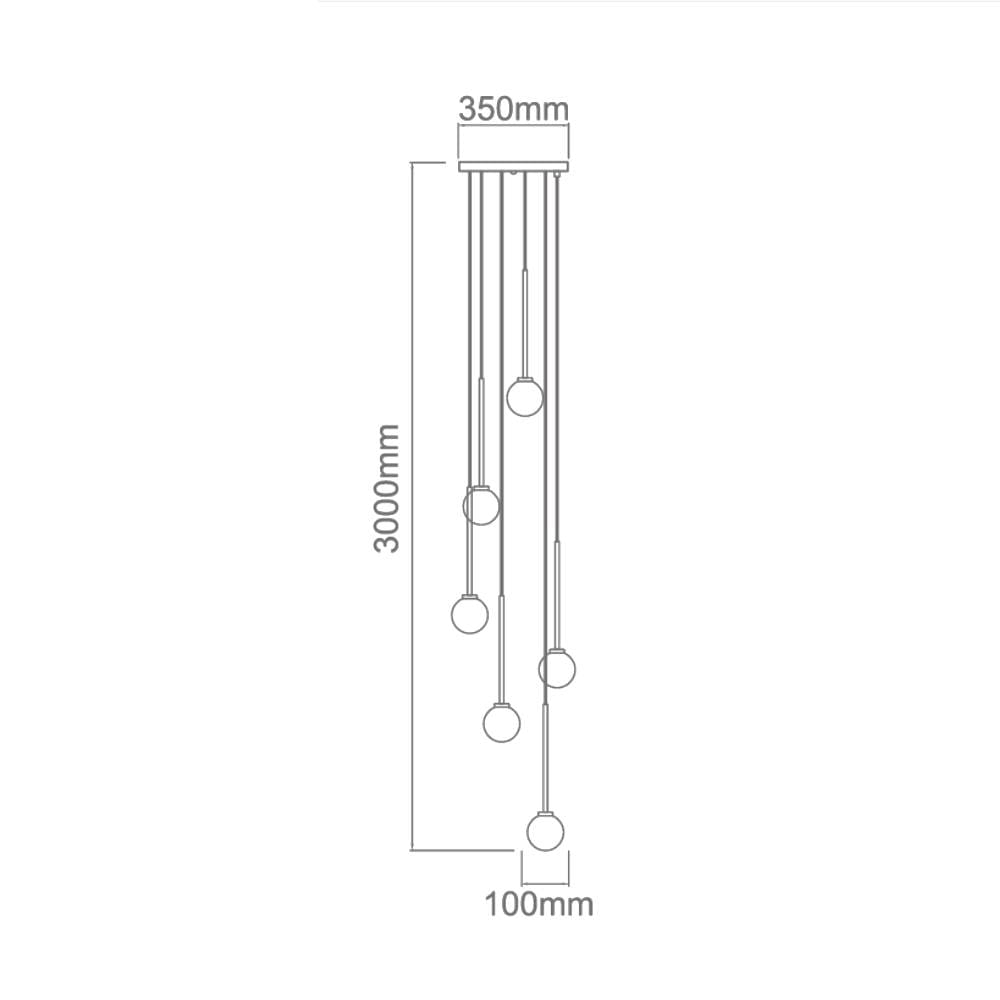 Lampa wisząca Ota VI, 6-punktowa, o wymiarach 3000 mm wysokości i 350 mm szerokości. Posiada sześć okrągłych kloszy zawieszonych na cienkich linkach. W zestawie z metalowym stelażem, idealna do nowoczesnych wnętrz.