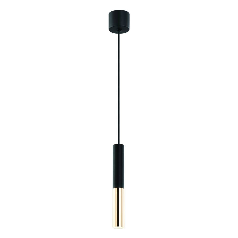 Czarna lampa wisząca Slimi z metalowym wykończeniem w kolorze złota, o cylindrycznym kształcie. Ujęcie frontalne, zawieszona na cienkim kablu. Prosta forma, idealna do nowoczesnych wnętrz.