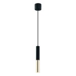 Czarna lampa wisząca Slimi z metalowym wykończeniem w kolorze złota, o cylindrycznym kształcie. Ujęcie frontalne, zawieszona na cienkim kablu. Prosta forma, idealna do nowoczesnych wnętrz.