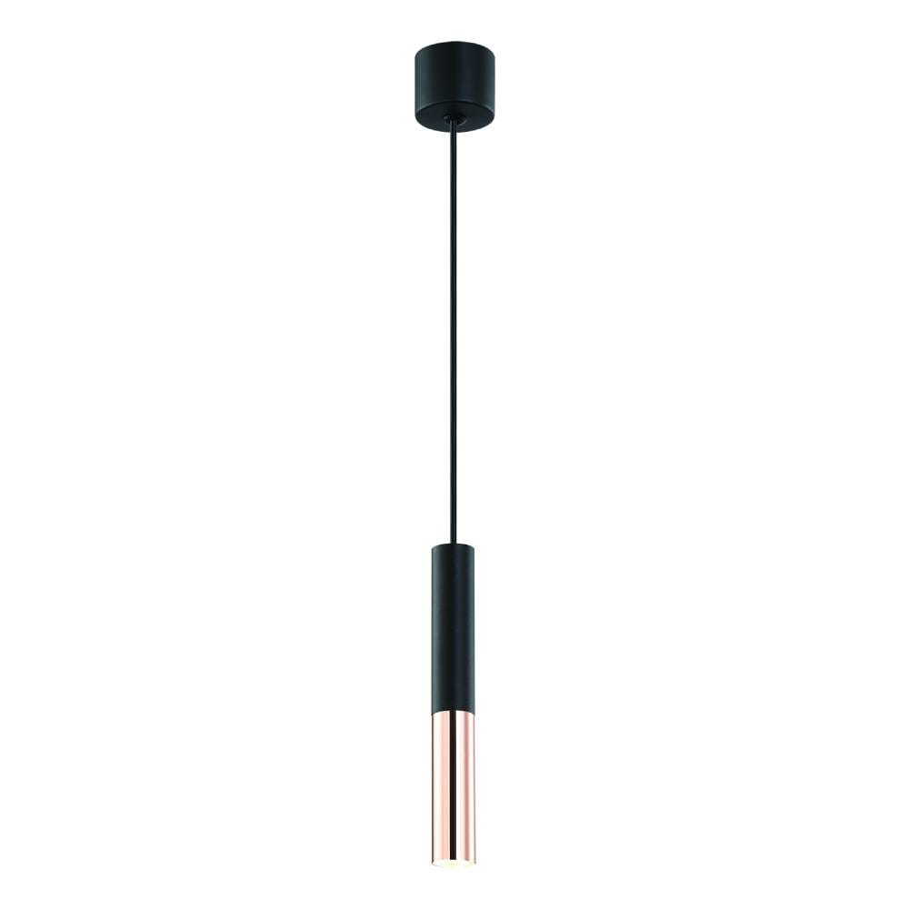 Lampa wisząca Slimi 1-punktowa w kolorze czarnym z elementami różowego złota, w kształcie cylindrycznym. Zawieszona na cienkim przewodzie, z minimalistycznym kloszem o połyskującej powierzchni. Idealna do nowoczesnych wnętrz.